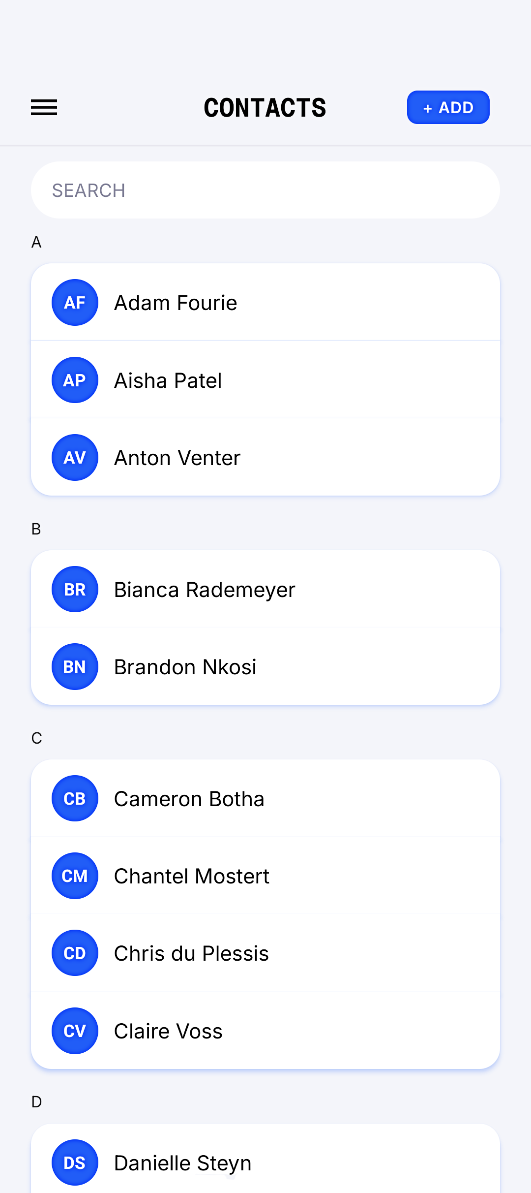 Contacts screen